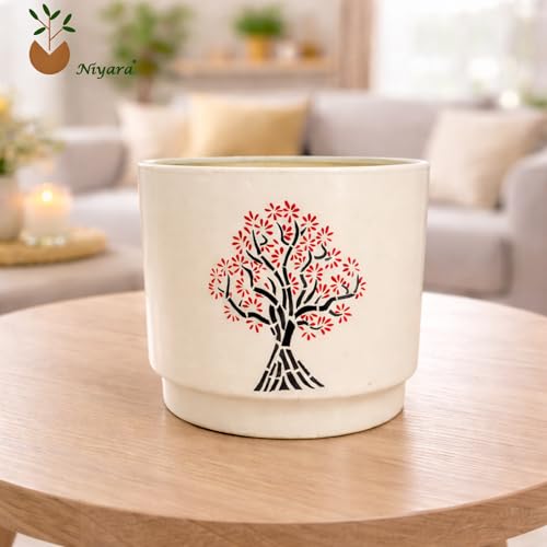 Image of Niyara Designer Ceramic planters pots for Indoor Outdoor Home, Garden Office Decor Balcony Planters Gamla Flower Size- Large, 8 inches (Tree Print)