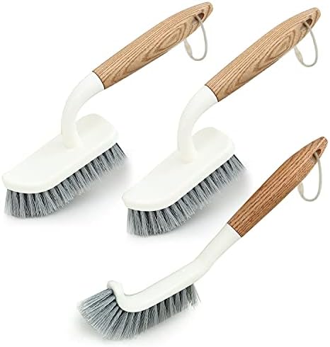 Oak Handle Scrub Brush Set-Deep Cleaning Brush with Long Handle , Multi-Surface All-Around Household Cleaning Tools, Shower, Bathroom Cleaning Supplies-Pack of 3