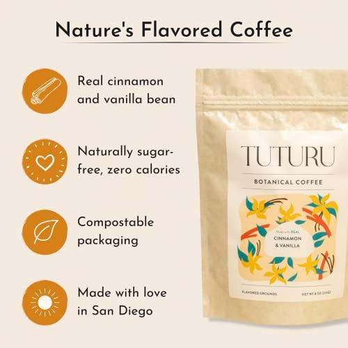 Tuturu Cinnamon Vanilla Ground Coffee | Flavored With Real Cinnamon | Medium Roast, Organic Coffee | 8Oz Compostable #TOP4