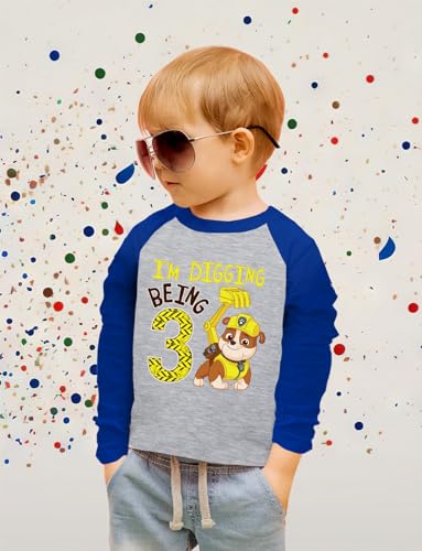 Image of Tstars Paw Patrol Rubble 3rd Birthday Baseball Tee Toddler Boy 3 /4 | Soft raglan Rubble digging tee for turning three; great for 3rd birthday, construction party, photo gift