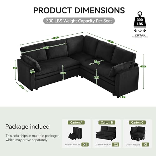 Image of 85 inch Sectional Couches with Comfy Deep Dual-Layer Cushion, 5 Seater L Shaped Couch, Modern Modular Sofa, Corduroy Sofas for Living Room, Apartment, Black