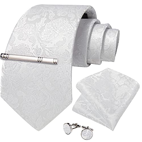 Image of DiBanGu Paisley Ties for Men Silk Necktie and Pocket Square Cufflinks Tie Clip Set Woven Classic Mens Tie for Wedding Party