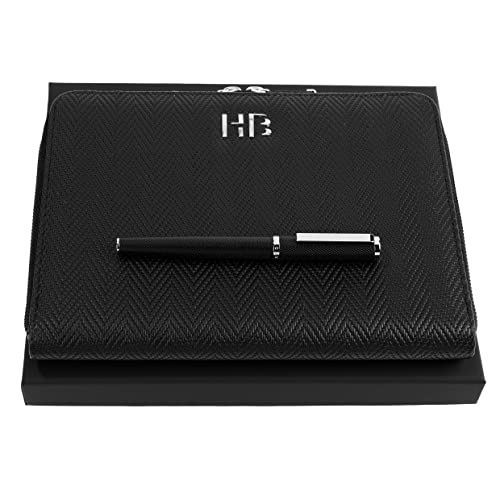 Hugo Boss Herringbone HPMR106 : Parure d'écriture stylo roller et conférencier A5 chic