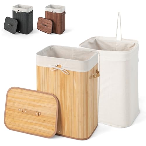Giantex Laundry Hamper with Lid, 72L Bamboo Laundry Basket with Removable and Machine Washable Liner Bag, Collapsible Dirty Laundry Organizer with Handles for Bathroom Laundry Room (Natural)