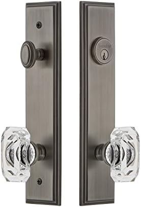 Grandeur Hardware 839887 Carre' Tall Plate Complete Entry Set with Baguette Clear Crystal Knob, Backset Size - 2.75", Antique Pewter