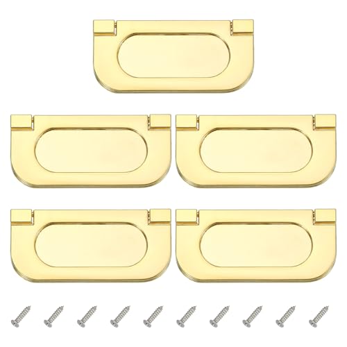 PATIKIL 2.9 Pulgadas (75mm) Tirador De Anillo Empotrado 5 Pcs De Cajón De Perfil Bajo Abatible De Aleación De Zinc Con Tornillos Para Muebles Armarios Tocadores Dorado