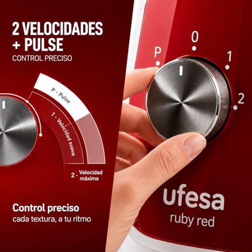 Batidora de vaso Ufesa BS4717 Ruby Red de 1500W con jarra de cristal de 1.5L 6