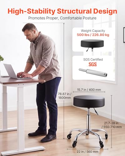 Image of VEVOR Rolling Stool with Wheels, 500 lbs Weight Capacity, Height Adjustable, Quiet Casters, Thick Cushion Ergonomic PU Leather Seat, 360 Swivel Round Rolling Stool Chair for Salon, Clinic, Black