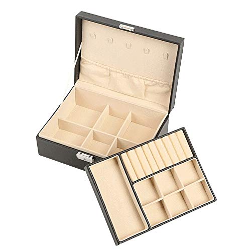 MCLseller Joyero de 2 Capas, Exquisita Piel sintética, Organizador de Joyas con Compartimentos, Joyas, Caja para Collares, Pulseras, Pendientes y Anillos, No Cero, Negro