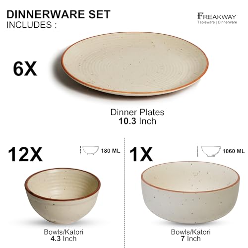 Image of Freakway Handcrafted Stoneware Dinner Set Ceramic Set of 19 Pcs for Dinner with Bowls | 6 Ceramic Dinner Plate, 12 Bowl /katori Set & 1 Large Bowl | - Off White