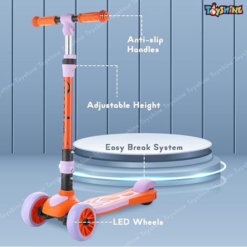 Image of Toyshine 3 Wheel Rooster LED Light Up Wheels Runner Scooter with Anti Slip ABS Base Aluminium Structure Height Adjustable Handlebar Max Load 45kg for Boys and Girls Ages 4 and Above - Orange