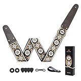 WELAIYOOUQ Vintage Guitar Strap, Double Sided Vegetable Tanned Cowhide Leather Ends, Banjo Strap, Adjustable Guitar Straps, Free Headstrap and Leather Headband, Embroidered White Flower and Gold Vine