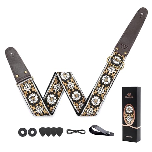WELAIYOOUQ Vintage Guitar Strap, Double Sided Vegetable Tanned Cowhide Leather Ends, Banjo Strap, Adjustable Guitar Straps, Free Headstrap and Leather Headband, Embroidered White Flower and Gold Vine