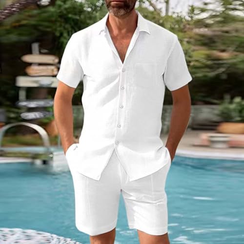 Men's Linen Blend Activewear Set 2025 Oversized 2 Piece Casual Linen Outfit Set Beach Button Down Shirt Loose Shorts Sets3