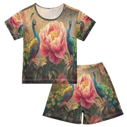 ALAZA Funny Peacock Peony Blossom Bird Pajamas Set Short Sleeve Cotton Sleepwear Summer Pjs 2 Piece 5-14Y