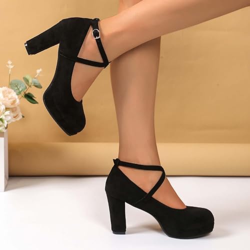 Women's Chunky Heel Mary Jane Pumps Platform Round Toe Dress Shoes with Suede Buckle Strap Comfortable High Heels for Wedding, Office & Evening Party Outfits4