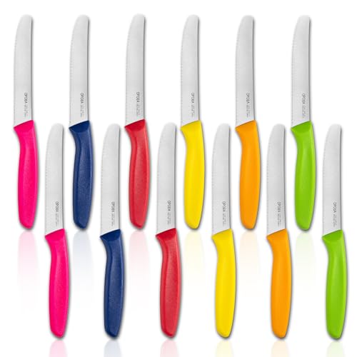 OPOLIA 12 Stück Multifunktions Frühstücksmesser,Tafelmesser Wellenschliff,Bunte Brötchenmesser,Tomatenmesser,Rutschfesten Kunststoffgriffen,Esszimmer&Küche Vorhanden