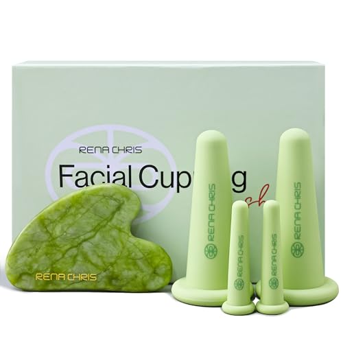 Rena Chris Gesichts-Schröpfen Set & Gua Sha Werkzeug - Silikon Schröpfgläser & Jade Gua Sha Stein für natürliche Hautpflege und Lippenaufpolsterung (Grün) 1