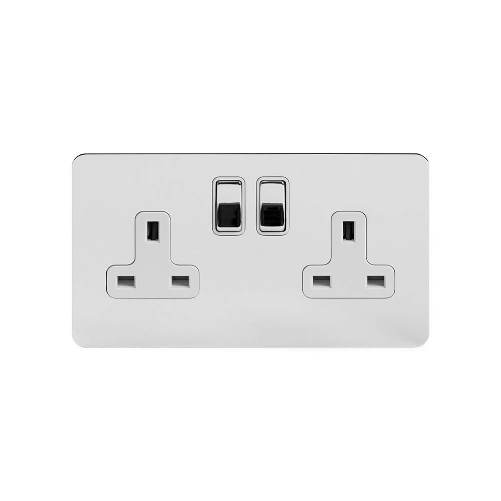 Soho Lighting Black/White Polished Chrome Flat Plate 13A 2 Gang Switched Socket - Double Pole Wht Ins Screwless