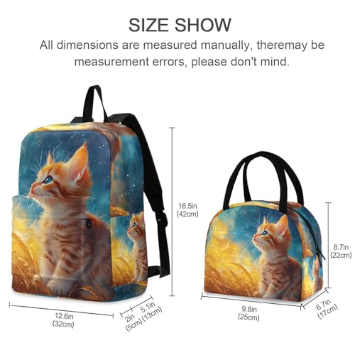 Backpack Lunch Bag Set Fantasy Cute Cat Print, Big Storage Travel Backpacks with Insulated Lunch Box for Office Hiking Picnic2