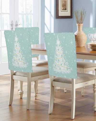 Anzona Teal Christmas Tree Chair Covers for Dining Room, Xmas Tree Snowflake Linen Polyester Back Protector, Turquoise Ball 4 Pcs for Dining Chair/Christmas Decoration, 20x19 In