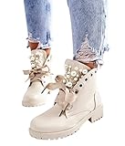 Minetom Damen Stiefeletten Perlen Dekoration PU Winterstiefel Blockabsatz Kurzschaft Stiefel Boots Motorrad Schnürstiefel Ankle Boots Kurze Stiefel A Beige 39 EU