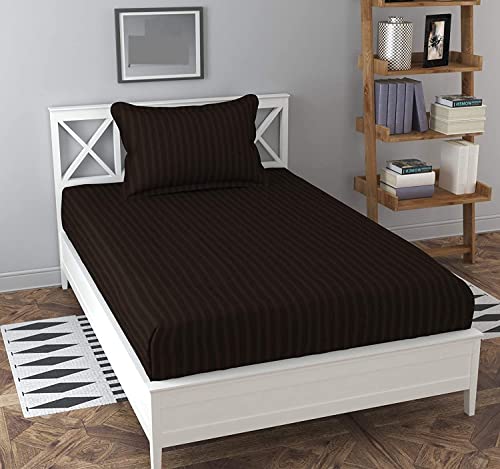 Image of KAWI Single Bedsheet Elastic Fitted Cotton 200 TC With 1 Pillow Cover (72X48XUp To 8 Inches Mattress Size)-Brown 1