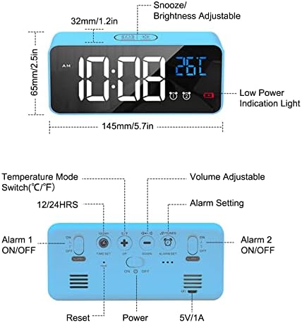 LATEC Digital Alarm Clock with Big LED Temperature Display, Bedside Clock with 10 Alarm Sounds USB Charging Port 4 Levels Adjustable Brightness Dimmer Snooze Portable Mirror Alarm with Dual Alarm Blue