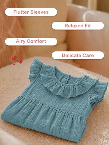 Image of Kidbea Baby Girls' Cotton Dress, Comfortable, Trendy Ruffled Sleeves & Hem, Soft Breathable Fabric for Everyday & Special Occasions (Teal, 2-3 Years)