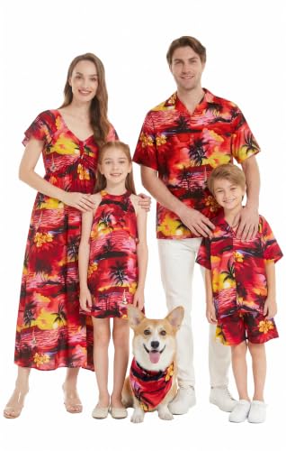 Image of Hawaii Hangover Family Matching Hawaiian Clothes, Sunset Red | Family matching Hawaiian outfits, Sunset Red, lightweight rayon, machine washable, tropical floral print, luaus, cruises