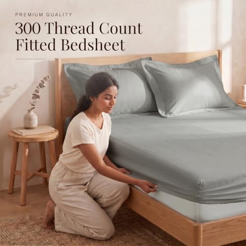 Image of Huesland 300 TC Premium 100% Pure Cotton Luxe Soft Touch Fitted Single Size Bedsheet Cotton with 2 Pillow Covers | Steel Grey | 36 x 78 Inches