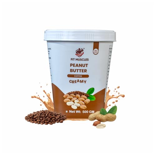 Image of Fit Muscles Coffee Creamy Peanut Butter 500g, 25g Protein, Smooth & Creamy Texture, Rich Coffee Flavour, No Palm Oil, Natural Ingredients, Peanut Butter for Gym, Shakes & Daily Nutrition