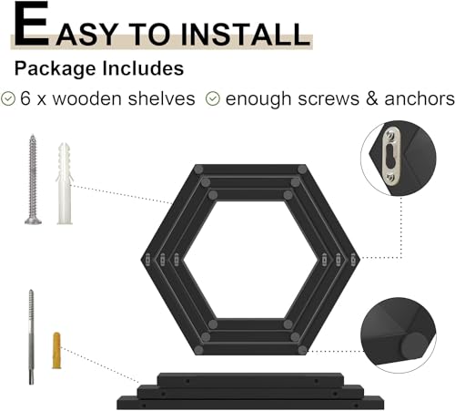 Image of Kassar Hexagon Wall Shelves Set, Black, Floating Display Shelves, Modern Geometric Design, Home Decor (Black)