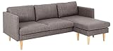 Das Sofa ist dank der Taschenfederkerne und der Schaumstoffpolsterung bequem, während der hellgrau-braune strukturierte Bezug das Auge erfreut und den runden, konischen Holzbeinen schmeichelt