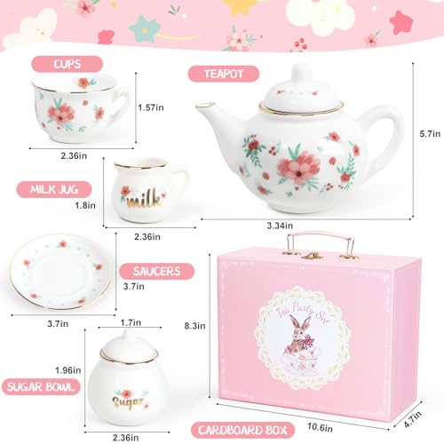 Image of Porcelain Tea Set for Girls, Tea Party Set for Little Girls, Kids Tea Set Kitchen Pretend Play, Princess Tea Time Playset with Ceramic Teapot Cups Carry Case, Toddler Girl Toys Birthday Gifts Age 3+