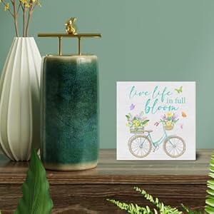 Spring decor spring decorations live life in full bloom floral bicycle wooden decorative sign home decor for desk table shelf 5 x 5 inches  urban country home decor