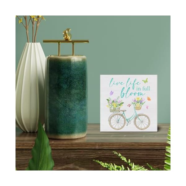 Spring decor spring decorations live life in full bloom floral bicycle wooden decorative sign home decor for desk table shelf 5 x 5 inches  urban country home decor