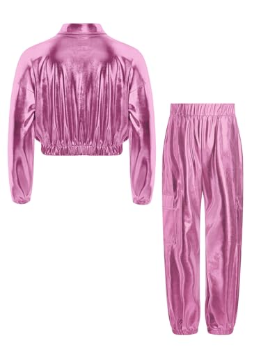 Boys Girls 2Pcs Tracksuit Shiny Metallic Dance Outfits Long Sleeve Jacket with Pants Set Hip Hop Jazz Dance4
