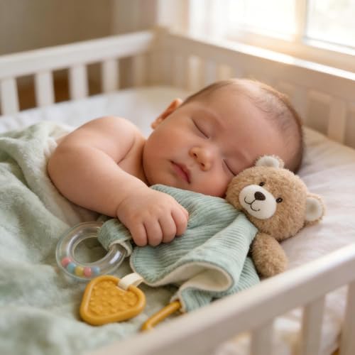 Image of CREVENT 3-in-1 Baby Lovey Blanket with Teether & Rattle | Plush Chewable Animal Head Security Blanket, Birthday Gift - Blue Bear