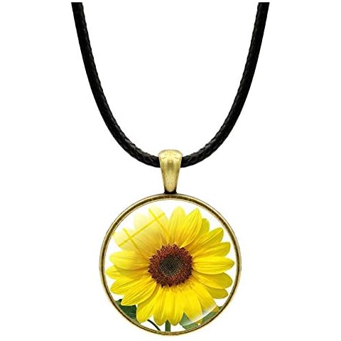 Jeni-Sely Handmade Real Dry Pressed Sunflower Round Resin Leather Necklace(D-glass) Cover