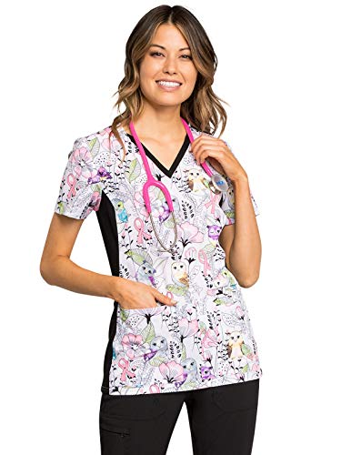 Cherokee iFlex Women Scrubs Top V-Neck Knit Panel CK636, XS, Owl Be in The Garden
