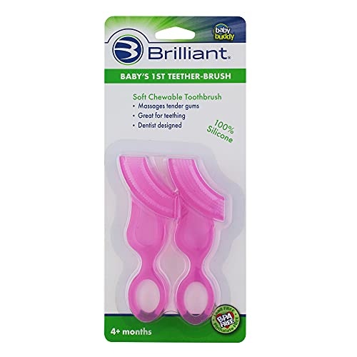 Image of Brilliant Oral Care Baby’s First Toothbrush, Smooth Silicone Bristles Gently Clean Tender Teeth and Gums, for Ages 4+ Months, Pink, 2 Count