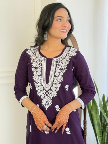 Image of Yashika Chikankari Work with Pure Cotton Fabric Straight Kurta, Pant and Dupatta Set |Kurta Set for Women