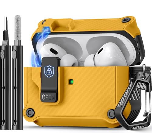 Image of Pohgelan Compatible with AirPods Pro 2nd /1st Case (Yellow) | Carbon Fiber Texture,Magnetic Automatic Lock with Cleaning Kit,Compatible with Magsafe