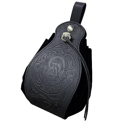 Medieval Viking Belt Pouch Black Faux Leather Belt Bag Retro Portable Drawstring Purse Renaissance Dice Bag for LARP Ren Faire