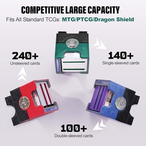 Image of Kabinka Commander Deck Box for MTG with Metal Emblem, Card Deck Box with Dice Tray, Holds 100 Double-Sleeved Cards for PTCG, Cards Storage Case with 35PT Magnetic Card Holder (Black& Green, Leopard)