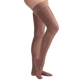 JOBST UltraSheer Thigh High with Lace Silicone Top Band, 15-20 mmHg Compression Stockings, Closed Toe, Medium, Espresso