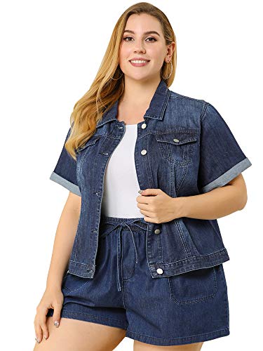 Agnes Orinda Women's Plus Size Denim Jacket Short Sleeve Lapel Button Front Work Western Outfit Jean Jackets