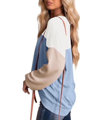 Image of ETOSELL Womens Fashion 2024 Fall Long Sleeve Color Block Crewneck Knitted Ribbed Tops Casual Comfy Loose Blouse Pullover