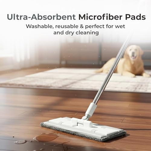 Image of HomeEssentials Large Flat Mop with 180 Rotating Stainless Steel Handle (127cm), Microfiber Floor Cleaning Mop for Hardwood, Tile & Laminate Reusable Pads Included